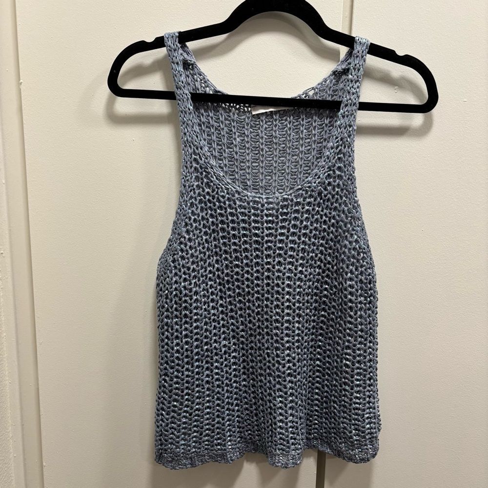 Mango Premium Women’s Sz Small Blue Crochet Mesh Tie Metallic Flowy Tank Top